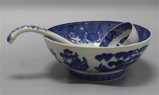 A Victorian Staffordshire blue and white bowl, dish and soup ladle diameter 24cm